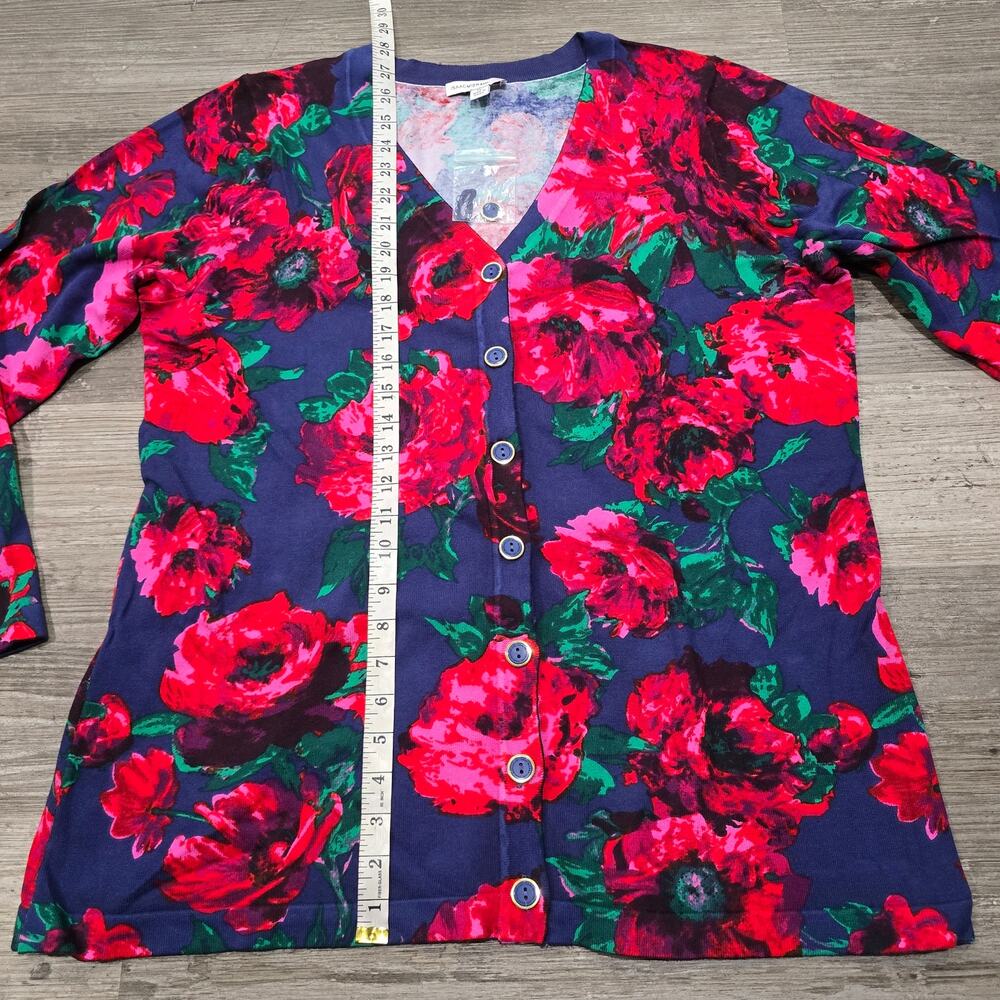 Isaac Mizrahi Live! Red & Blue Floral Print V Neck Button Front Cardigan Sweater - Picture 6 of 7